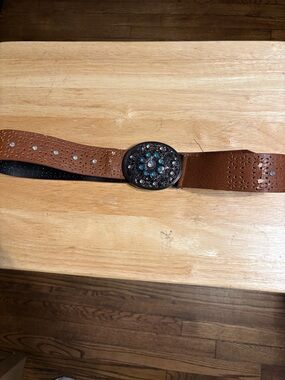Brown Leather Western-Inspired Belt with Turquoise Accent Buckle